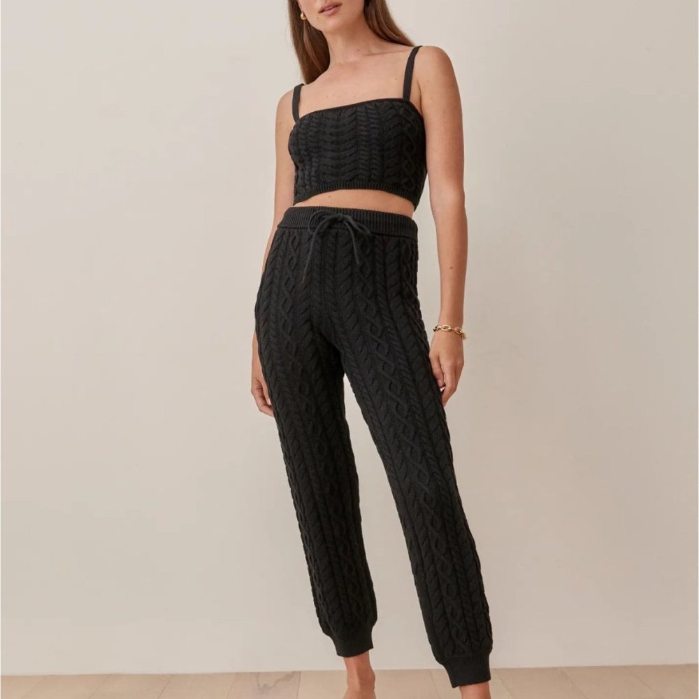 reformation italo cotton cable knit jogger set black - Picture 2 of 9